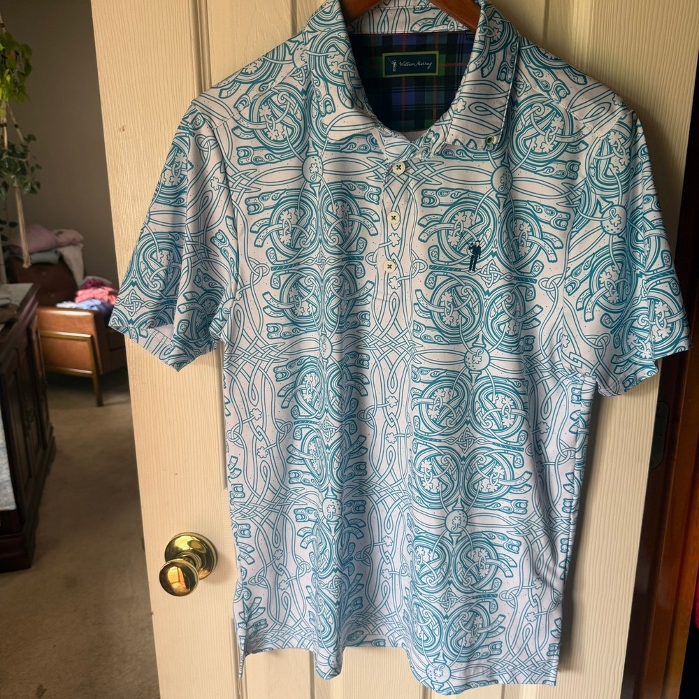 William Murray Golf Polo Shirt Mens M Celtic Knot Teal White Stretch Performance